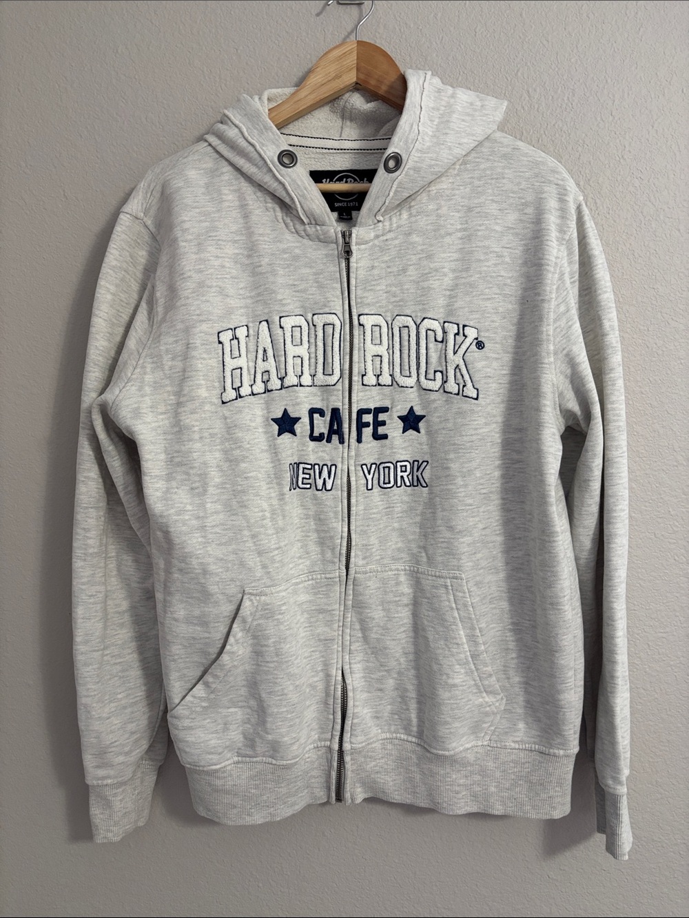 Hard Rock Cafe New York Heather Gray Men's Zip-Up Hoodie Navy Embroidered Logo L